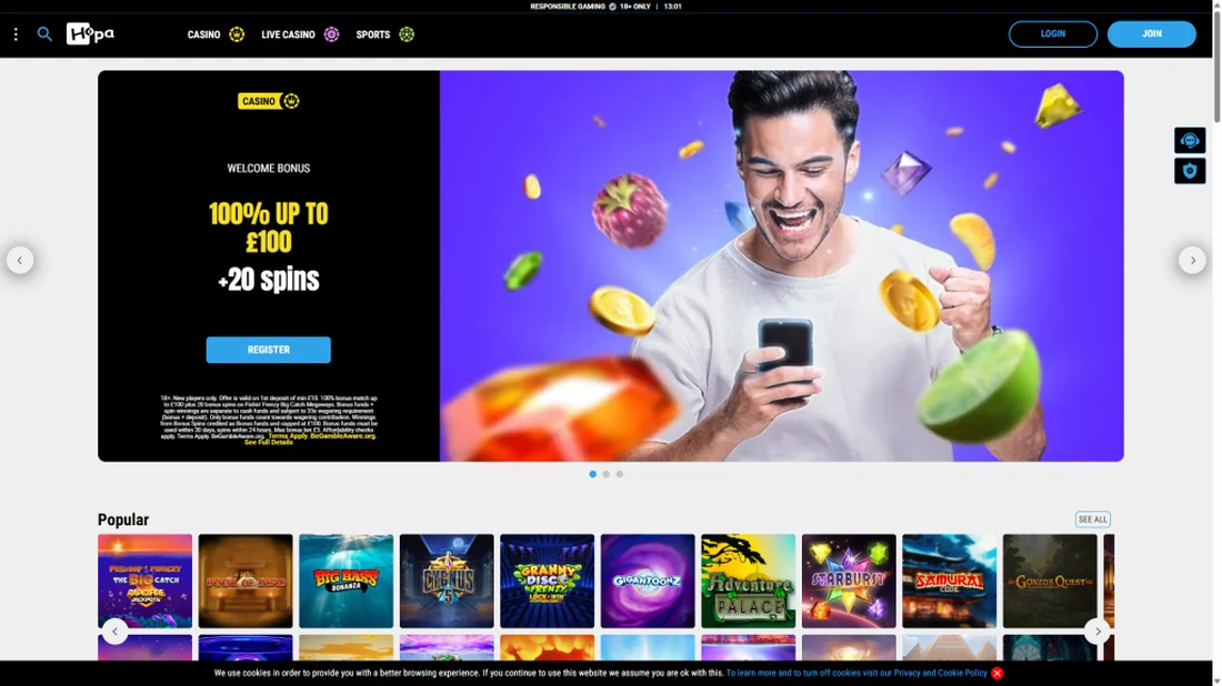 Hopa Casino welcome bonus banner in the lobby